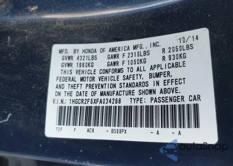 2015 Honda Accord Sport z USA, uszkodzony, nr VIN 1HGCR2F5XFA034288